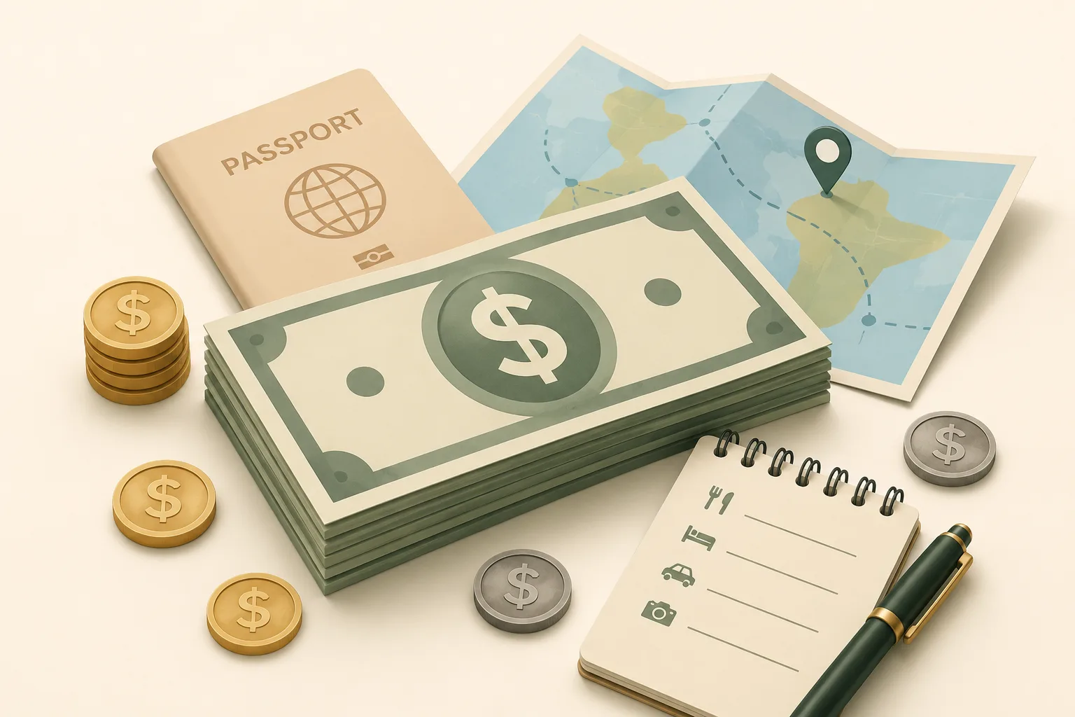 A stack of cash, coins, a passport, a folded map, and a notepad listing trip expense categories