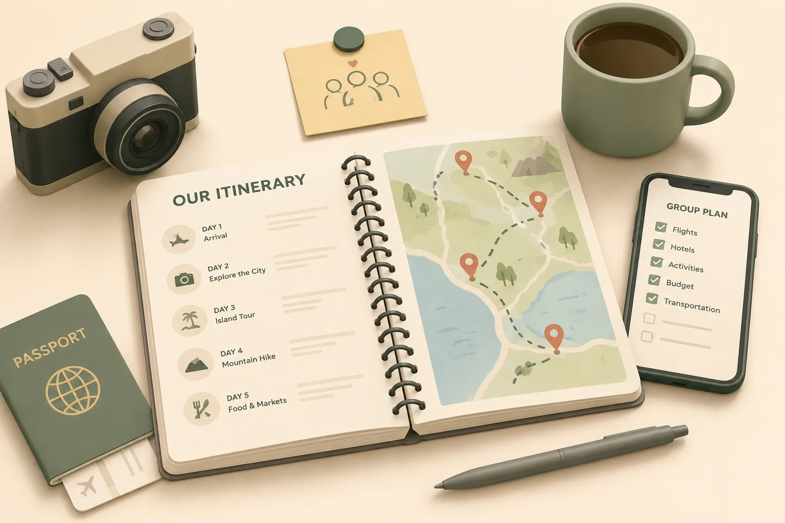 An open travel journal showing a five-day itinerary and a map, surrounded by a camera, a passport, a coffee mug, and a phone displaying a group planning checklist